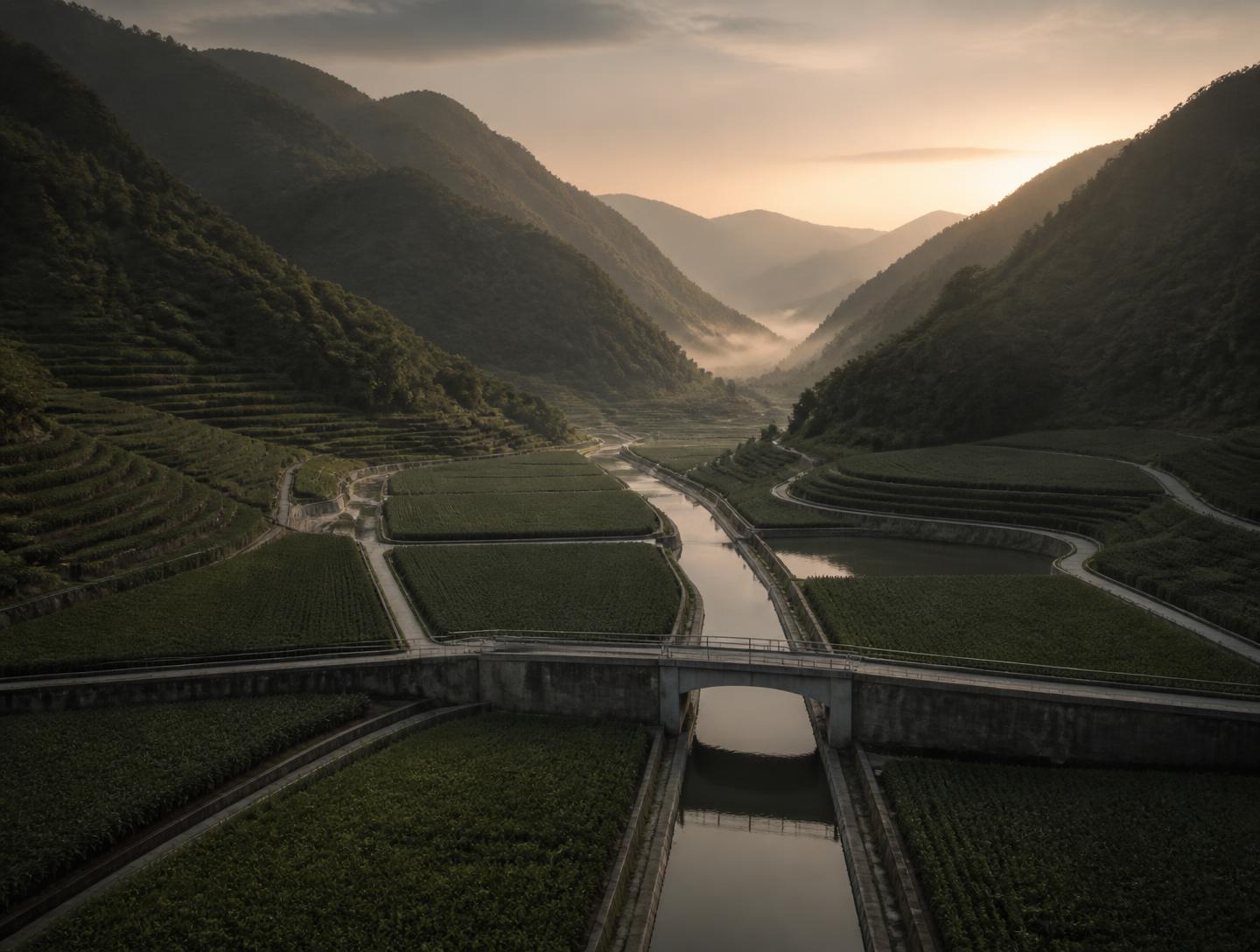 Monumental architecture opening onto a mountainous city landscape