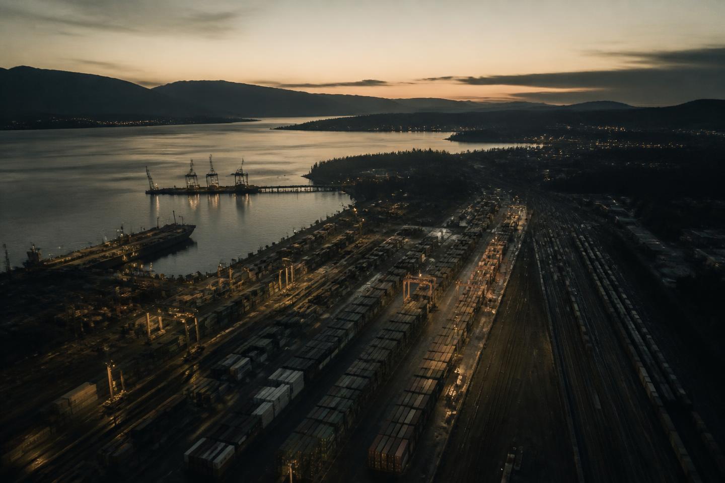 Rail and energy infrastructure crossing a reservoir at dusk